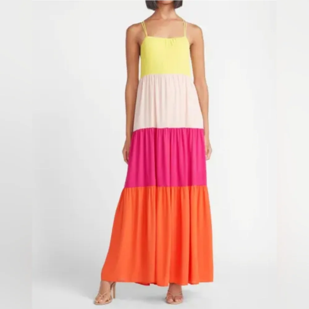 Express Tiered Spaghetti Straps Kriss Kross Back Colorblock Maxi Dress
